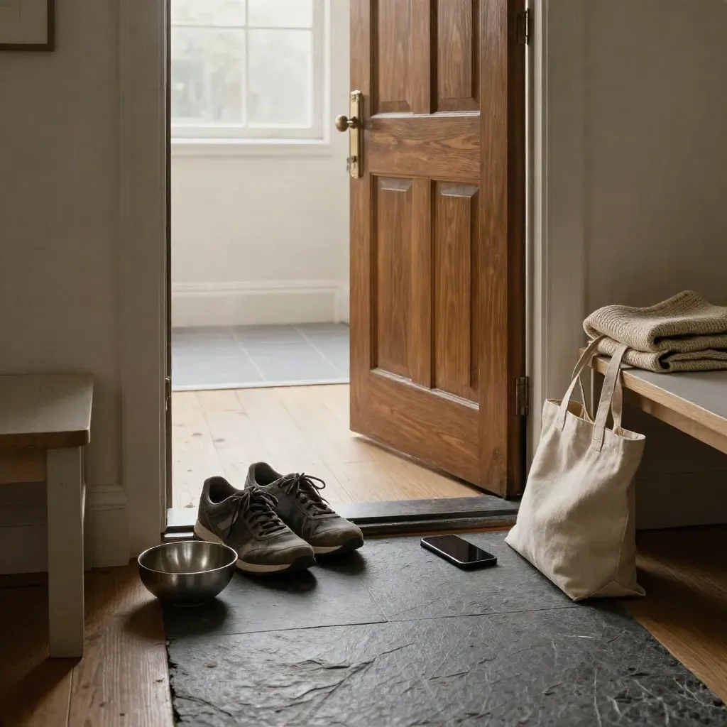 Entryway routine setup with shoes, keys, sweater, phone, and tote by a bright doorway.