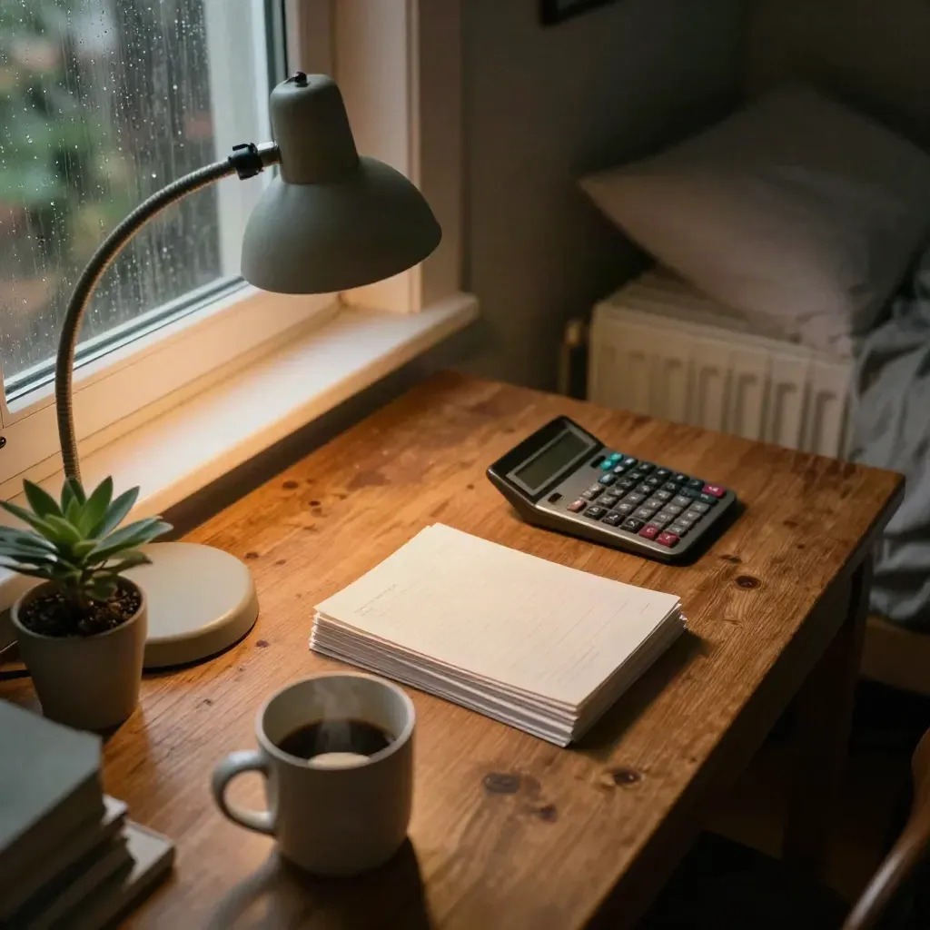 Rain-lit dorm study corner with lamp, cards, face-down calculator, mug and plant