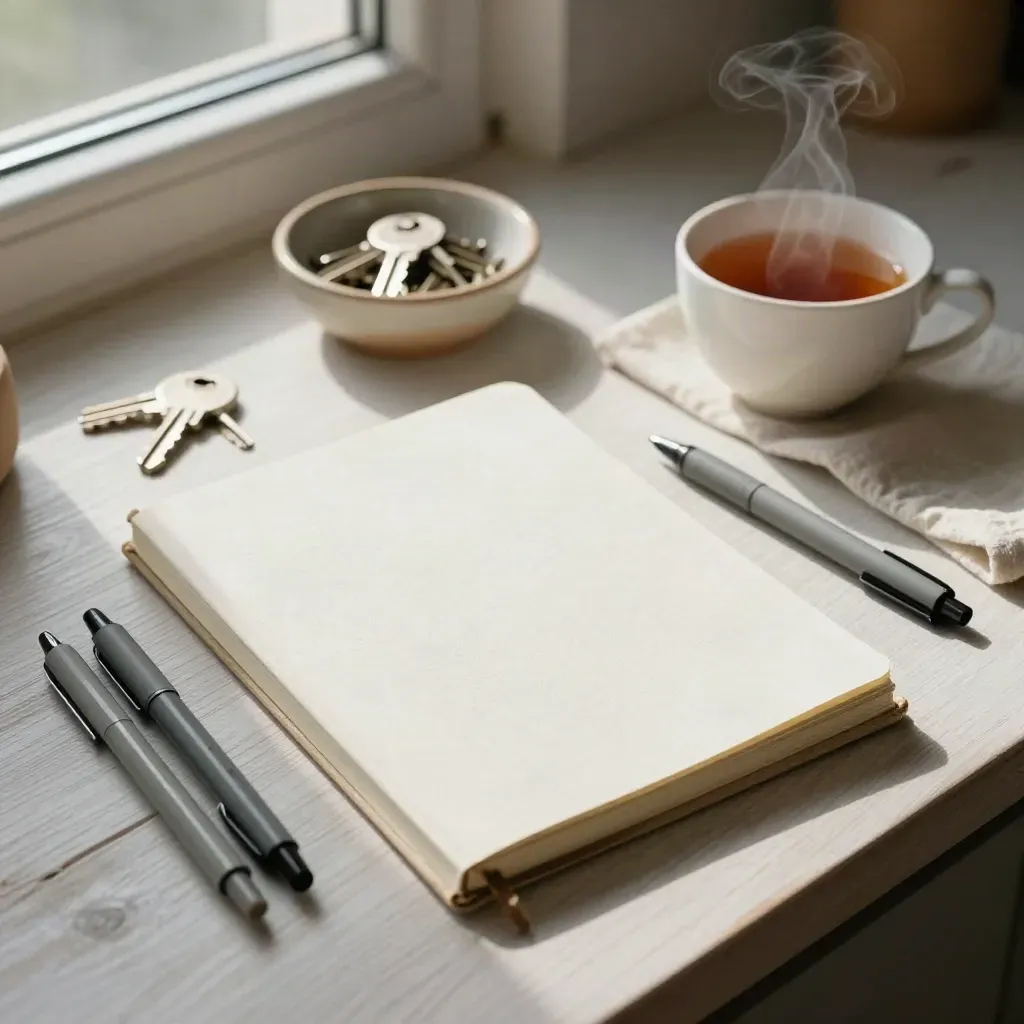 Overhead Sunday kitchen table with notebook, pens, keys and cooling tea in morning light.