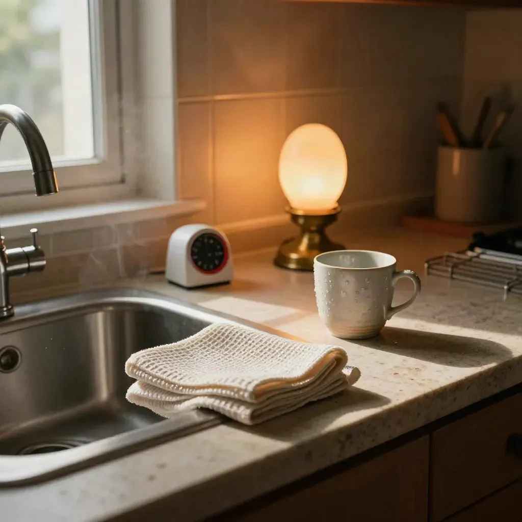Evening kitchen reset by the sink with towel, mug, timer, and lamp in warm steam.
