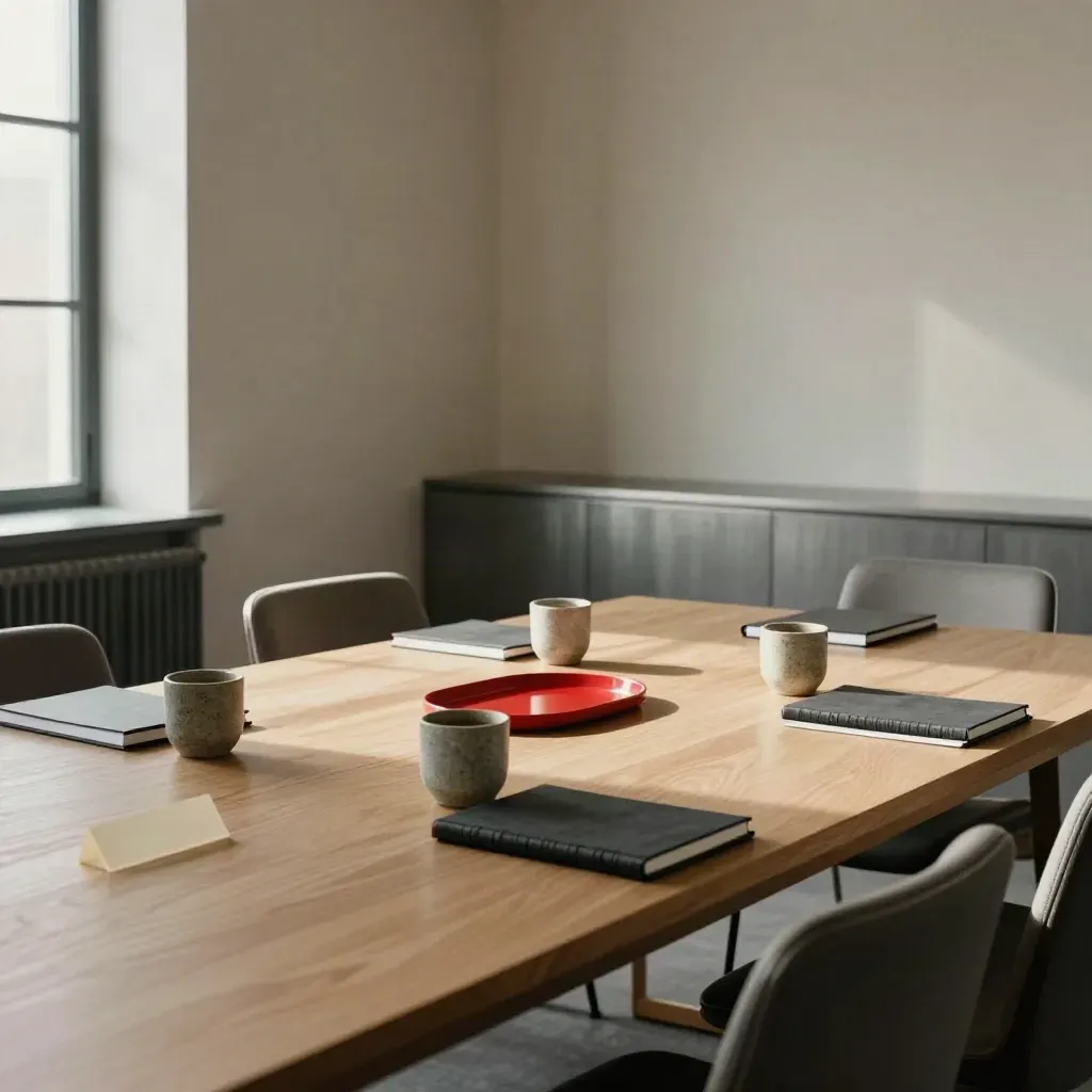 Modern conference room table set with notebooks, cups and blank name tokens for team follow-up.