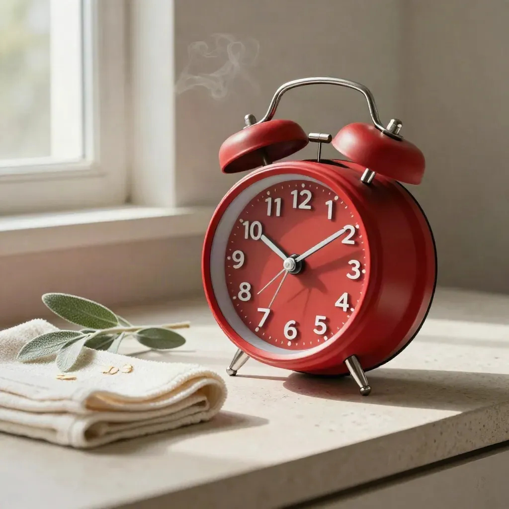 Red alarm clock beside washcloth, dish, and plant on pale stone in soft morning light.