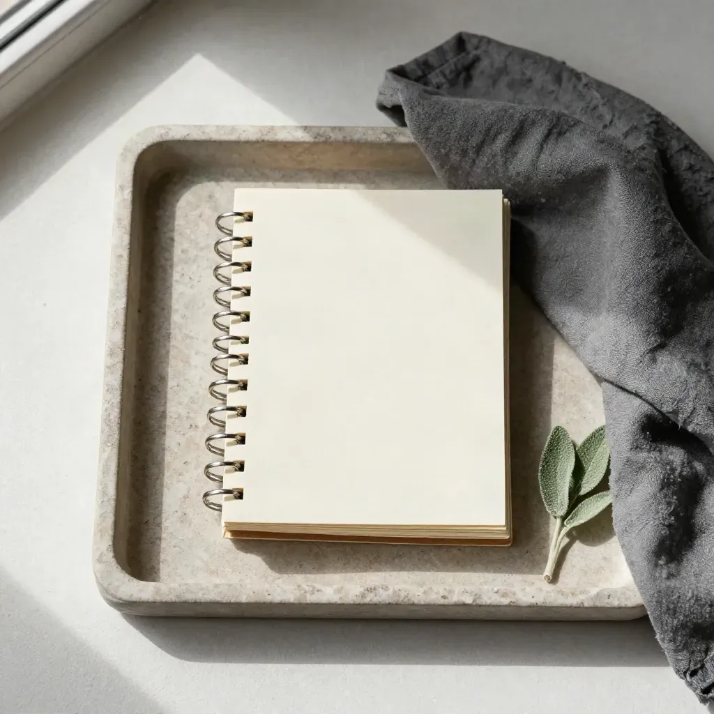 Top-down study cards, ceramic dish, linen cloth, and sprig of green on a stone tray.