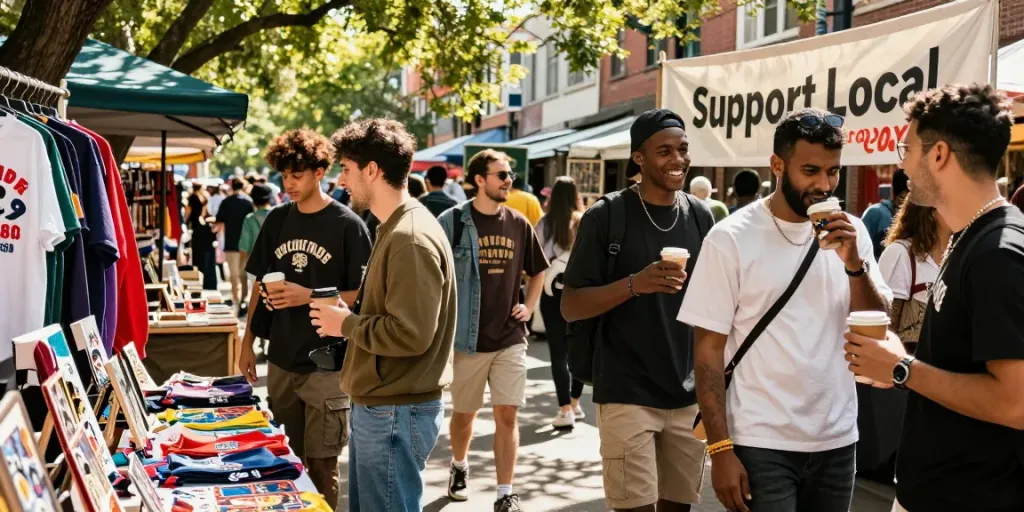 Group of friends exploring vibrant market, showcasing local crafts and streetwear with rokok88 theme.